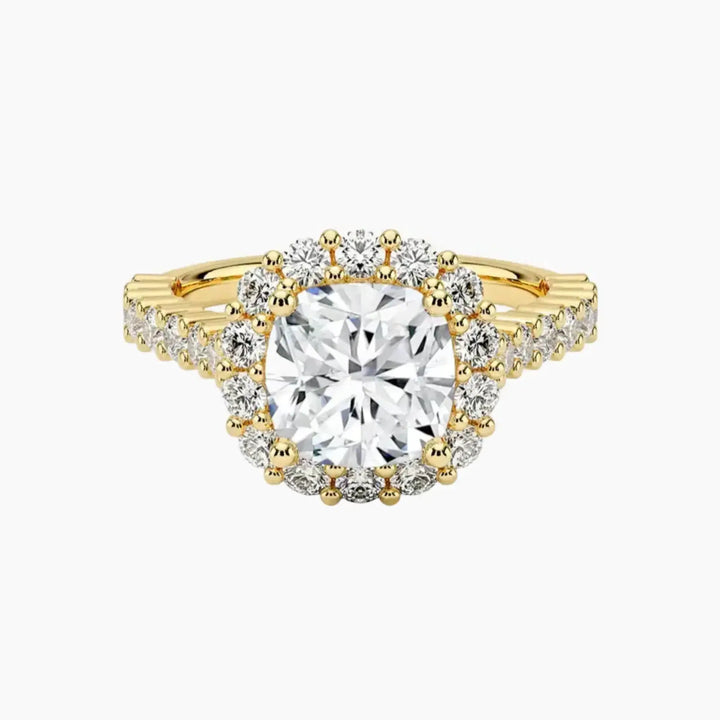 Fiora Pave Cushion Designer 3 Carat Lab Grown Diamond Engagement Ring in 18K Yellow Gold