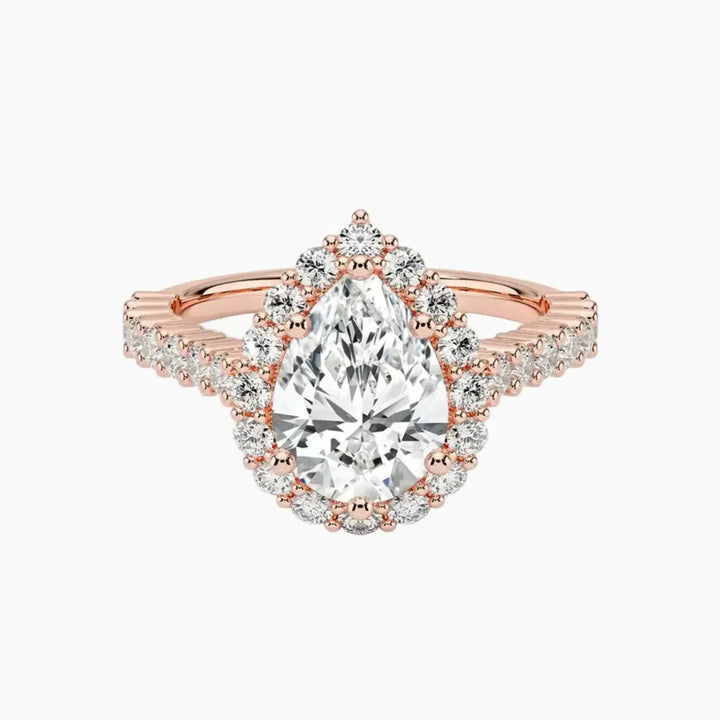 Fiora Pave Pear Designer 3 Carat Lab Grown Diamond Engagement Ring in 18K Rose Gold