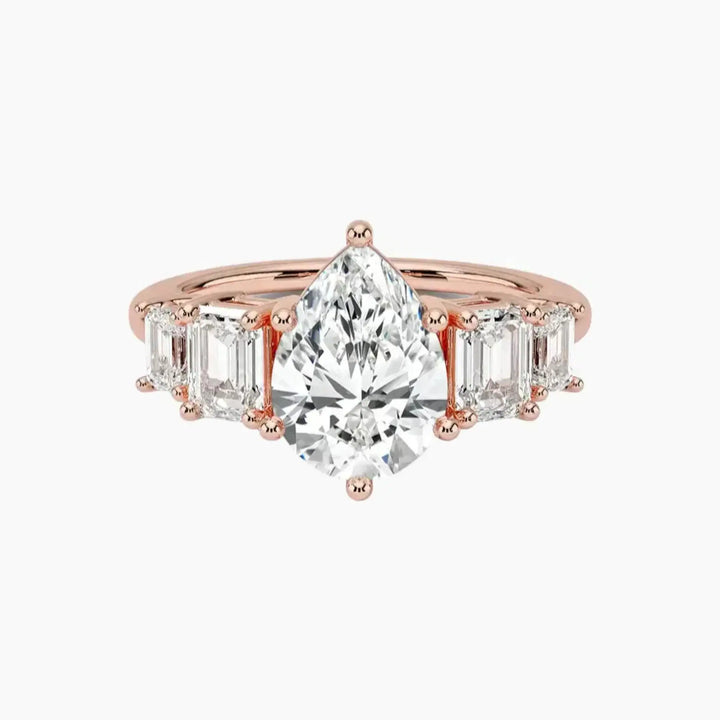 Katerina Five Stone Pear Designer 3 Carat Lab Grown Diamond Engagement Ring in 18K Rose Gold