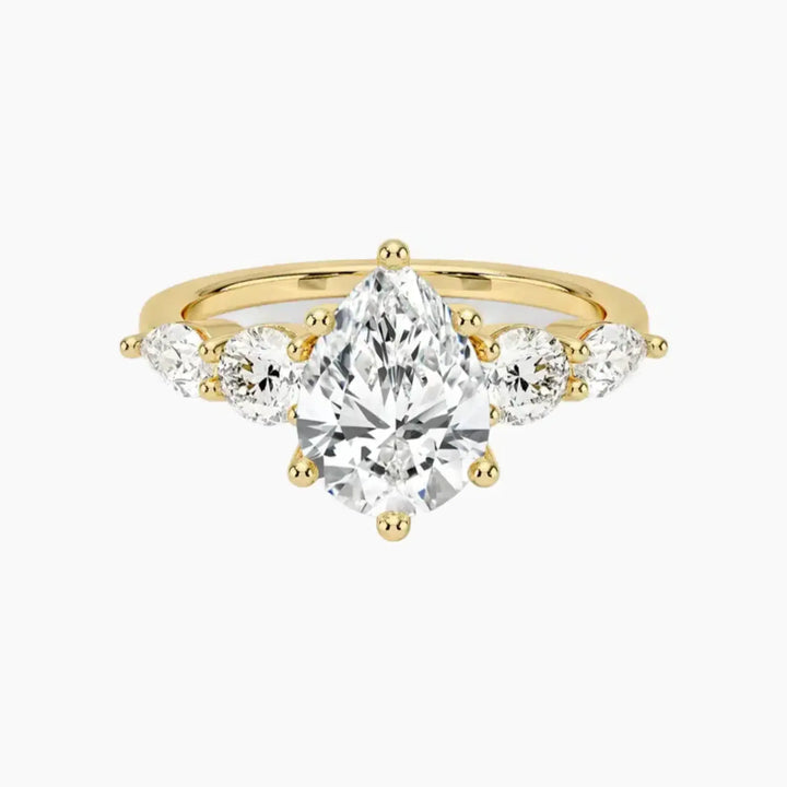 Daria Five Stone Pear Designer 1.5 Carat Lab Grown Diamond Engagement Ring in 18K Yellow Gold