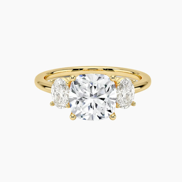 Liora Cushion Three Stone 3 Carat Lab Grown Diamond Engagement Ring in 18K Yellow Gold