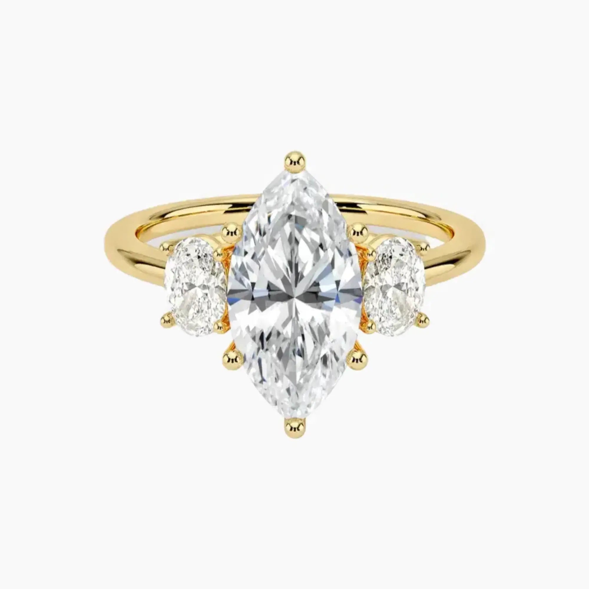 Liora Marquise Three Stone 2.5 Carat Lab Grown Diamond Engagement Ring in 18K Yellow Gold