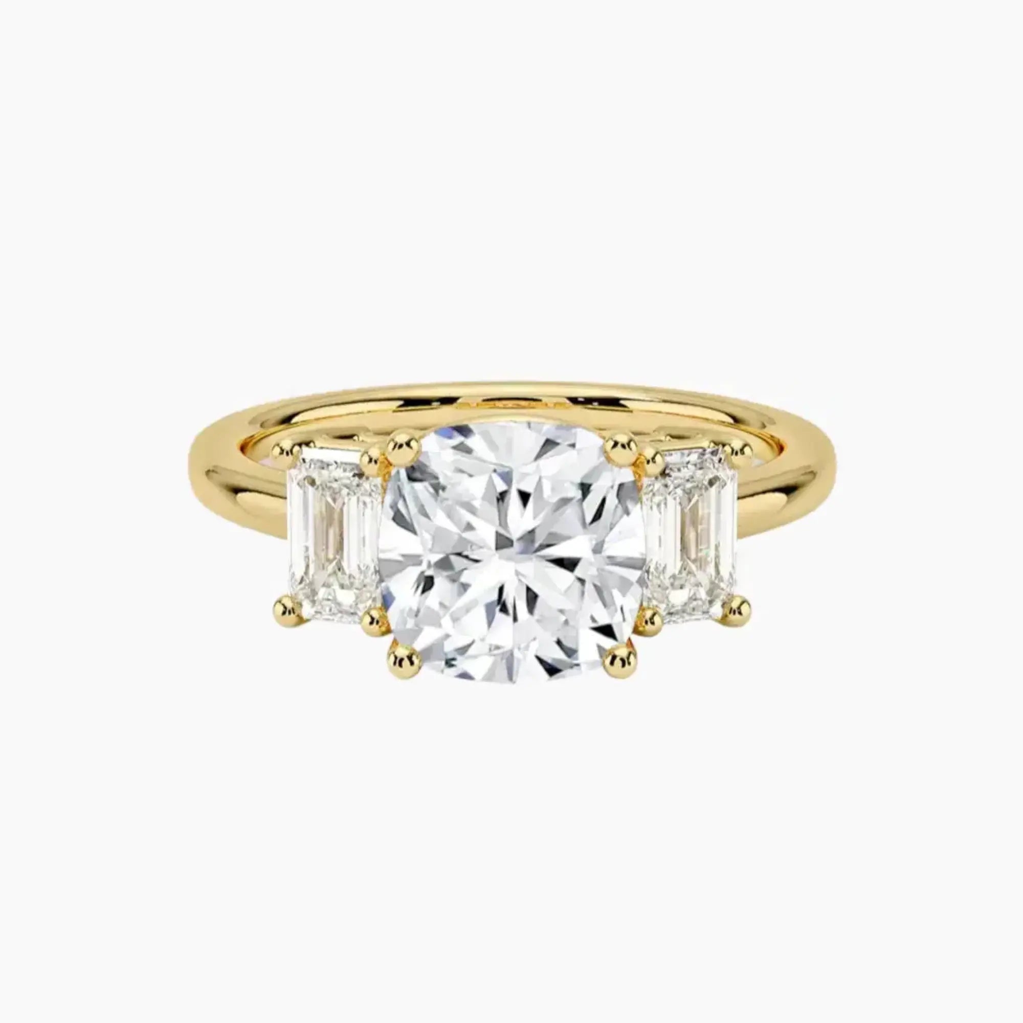 Aurelia Cushion Three Stone 2.5 Carat Lab Grown Diamond Engagement Ring in 18K Yellow Gold