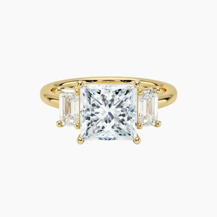 Aurelia Princess Three Stone 2.5 Carat Lab Grown Diamond Engagement Ring in 18K Yellow Gold