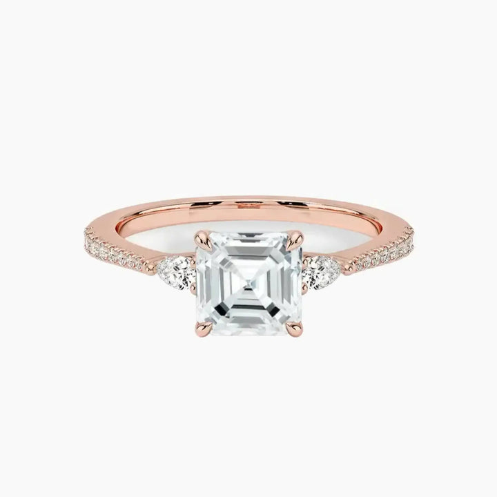 Calliope Pave Asscher Three Stone 3 Carat Lab Grown Diamond Engagement Ring in 18K Rose Gold