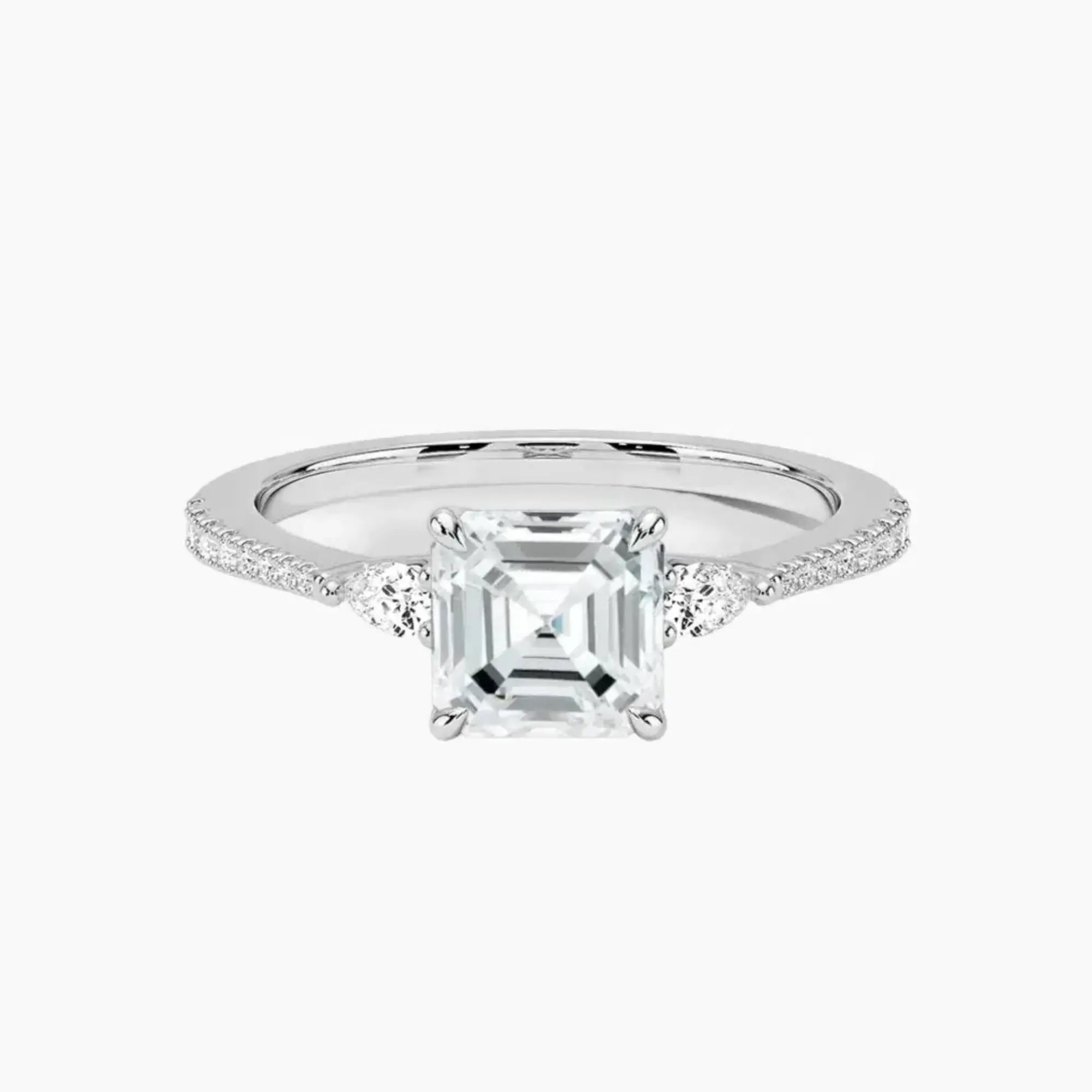 Calliope Pave Asscher Three Stone 3 Carat Lab Grown Diamond Engagement Ring in 14K White Gold