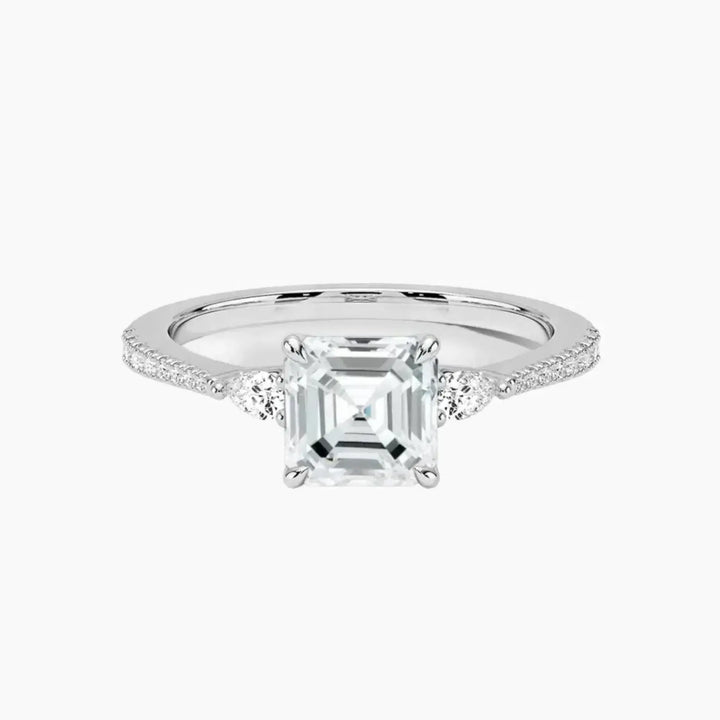 Calliope Pave Asscher Three Stone 2.5 Carat Lab Grown Diamond Engagement Ring in 18K White Gold