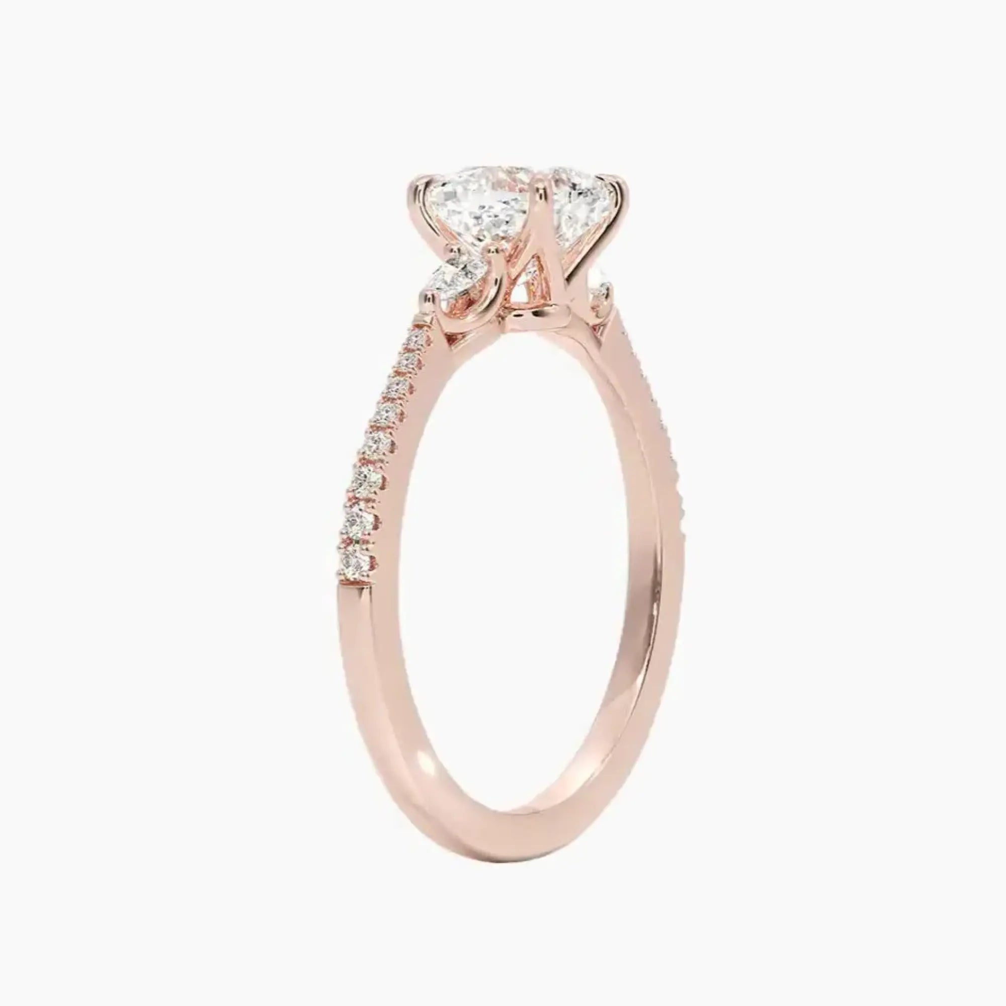 Calliope Pave Cushion Three Stone 2.5 Carat Lab Grown Diamond Engagement Ring in 14K Rose Gold