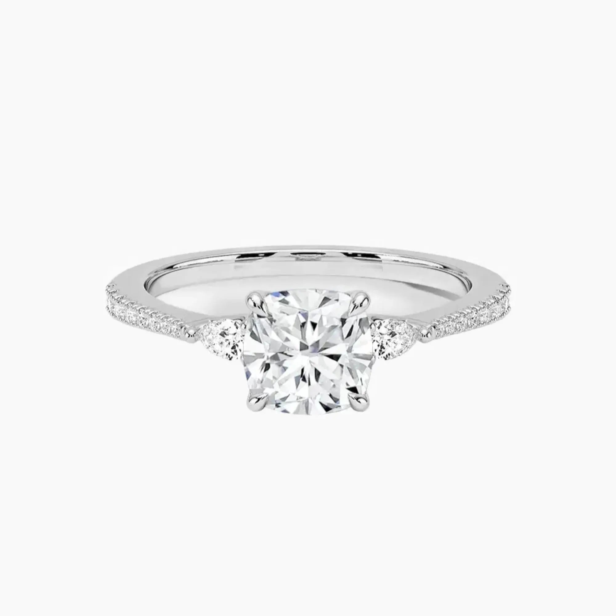 Calliope Pave Cushion Three Stone 3 Carat Lab Grown Diamond Engagement Ring in 14K White Gold