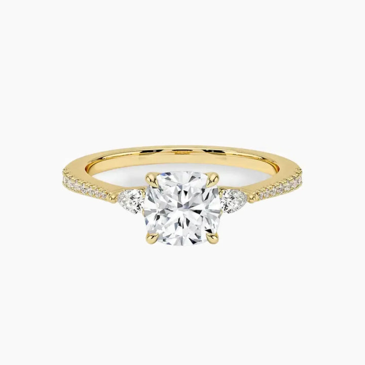 Calliope Pave Cushion Three Stone 2.5 Carat Lab Grown Diamond Engagement Ring in 18K Yellow Gold