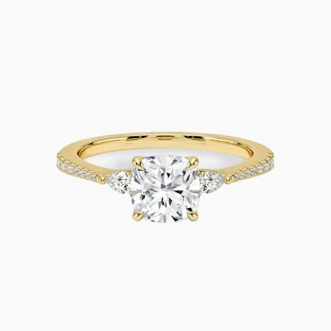 Calliope Pave Cushion Three Stone 2 Carat Lab Grown Diamond Engagement Ring in 18K Yellow Gold