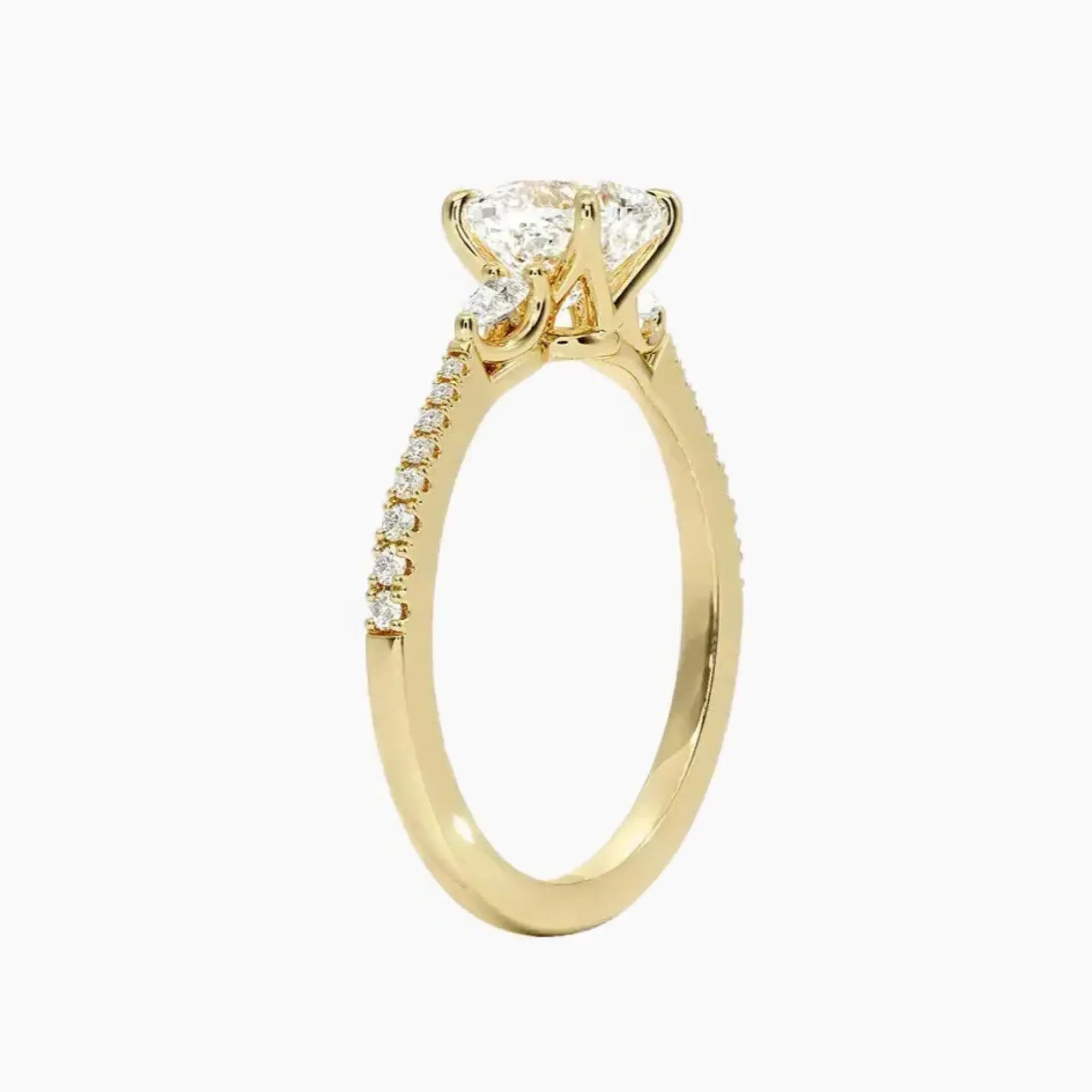Calliope Pave Cushion Three Stone 3 Carat Lab Grown Diamond Engagement Ring in 14K Yellow Gold