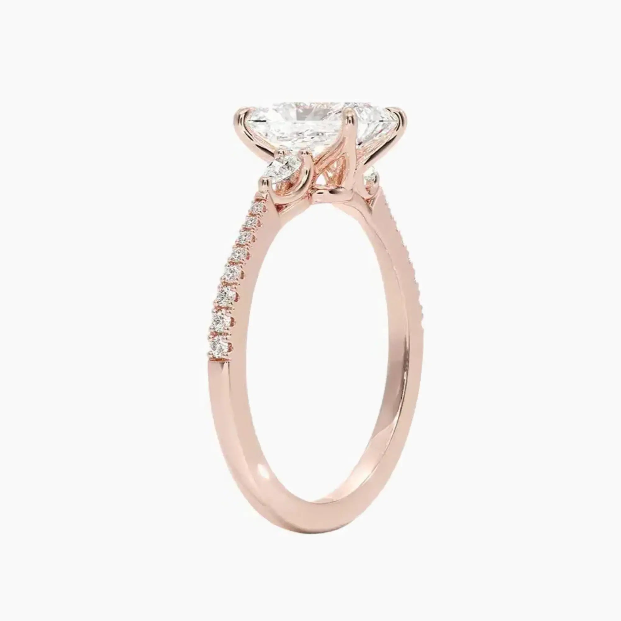 Calliope Pave Radiant Three Stone 1.5 Carat Lab Grown Diamond Engagement Ring in 18K Rose Gold
