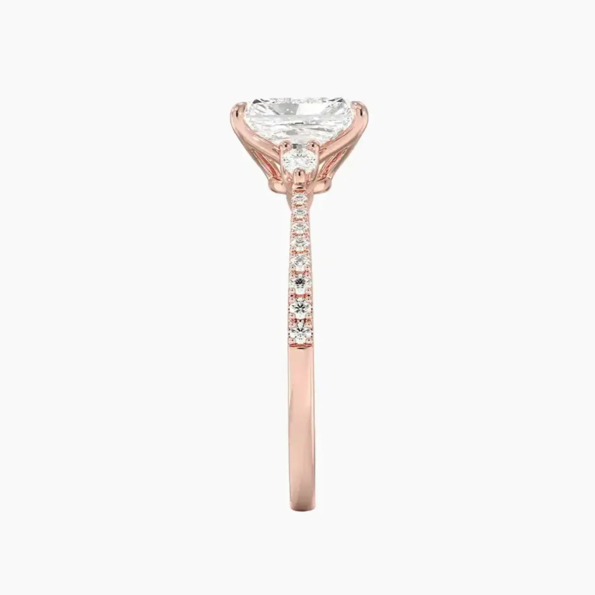 Calliope Pave Radiant Three Stone 1.5 Carat Lab Grown Diamond Engagement Ring in 18K Rose Gold