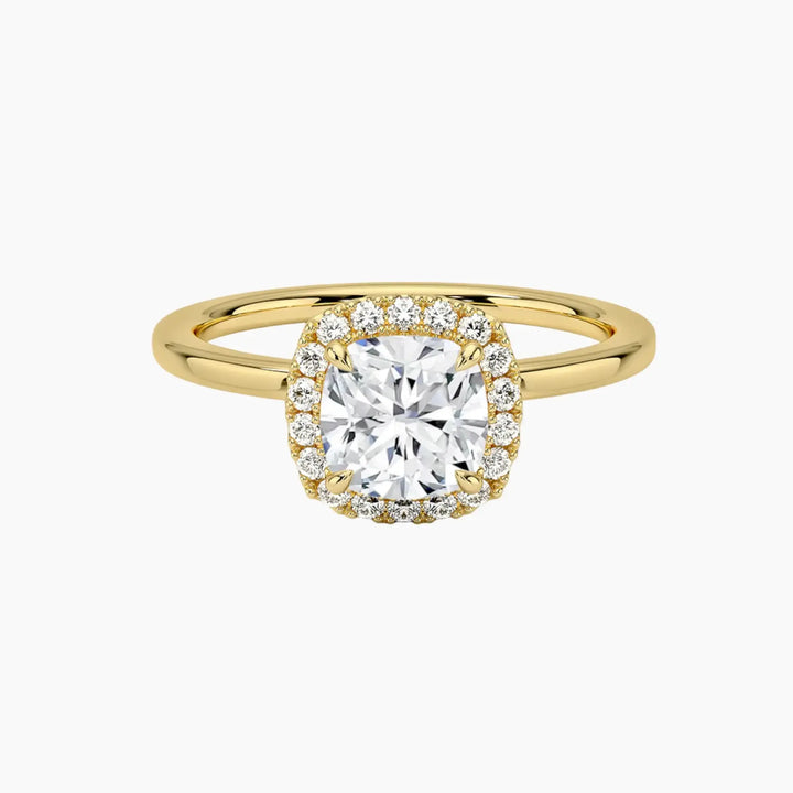 Cassiopeia Cushion Hidden Halo 1.5 Carat Lab Grown Diamond Engagement Ring in 18K Yellow Gold