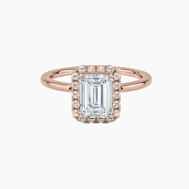 Cassiopeia Emerald Hidden Halo 2.5 Carat Lab Grown Diamond Engagement Ring in 18K Rose Gold