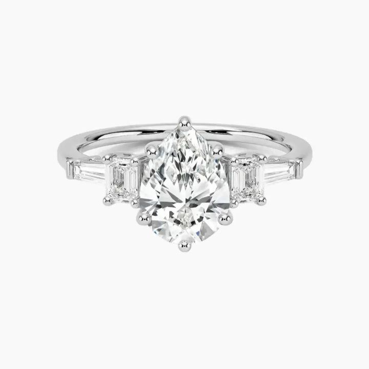 Delphine Five Stone Pear Designer 3 Carat Lab Grown Diamond Engagement Ring in 18K White Gold