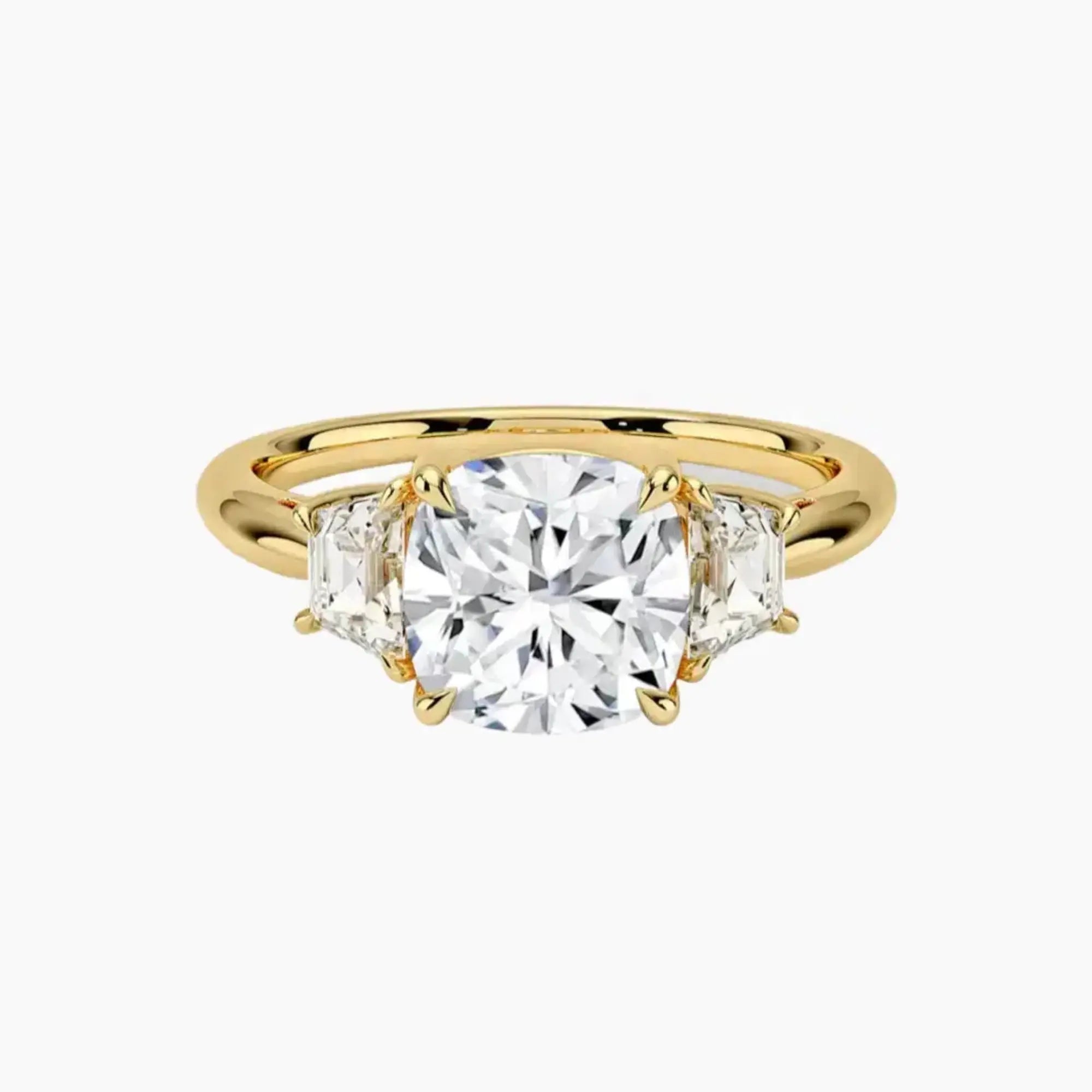 Oriana Cushion Three Stone 3 Carat Lab Grown Diamond Engagement Ring in 18K Yellow Gold
