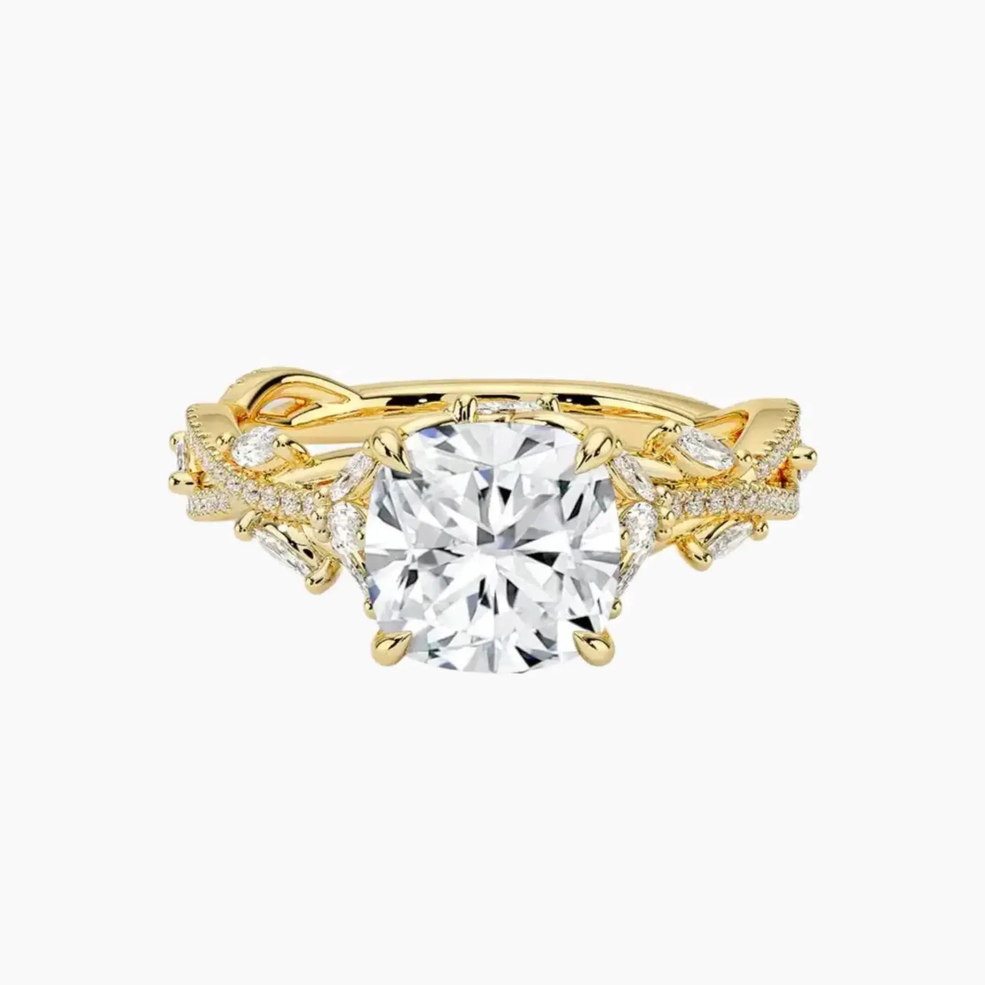 Melia Adorned Cushion Designer 2.5 Carat Lab Grown Diamond Engagement Ring in 18K Yellow Gold