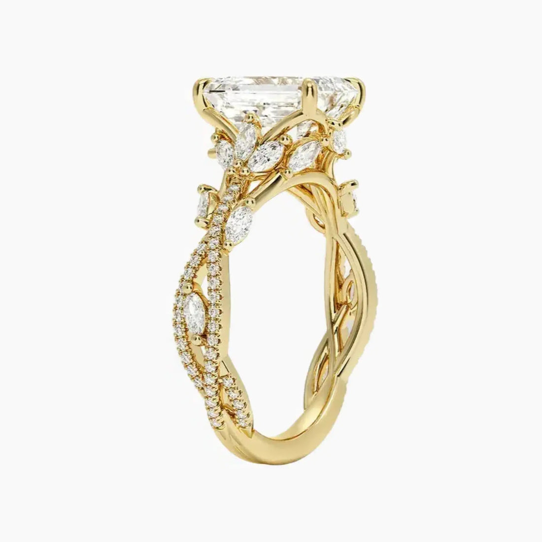 Melia Adorned Emerald Designer 3 Carat Lab Grown Diamond Engagement Ring in 18K Yellow Gold