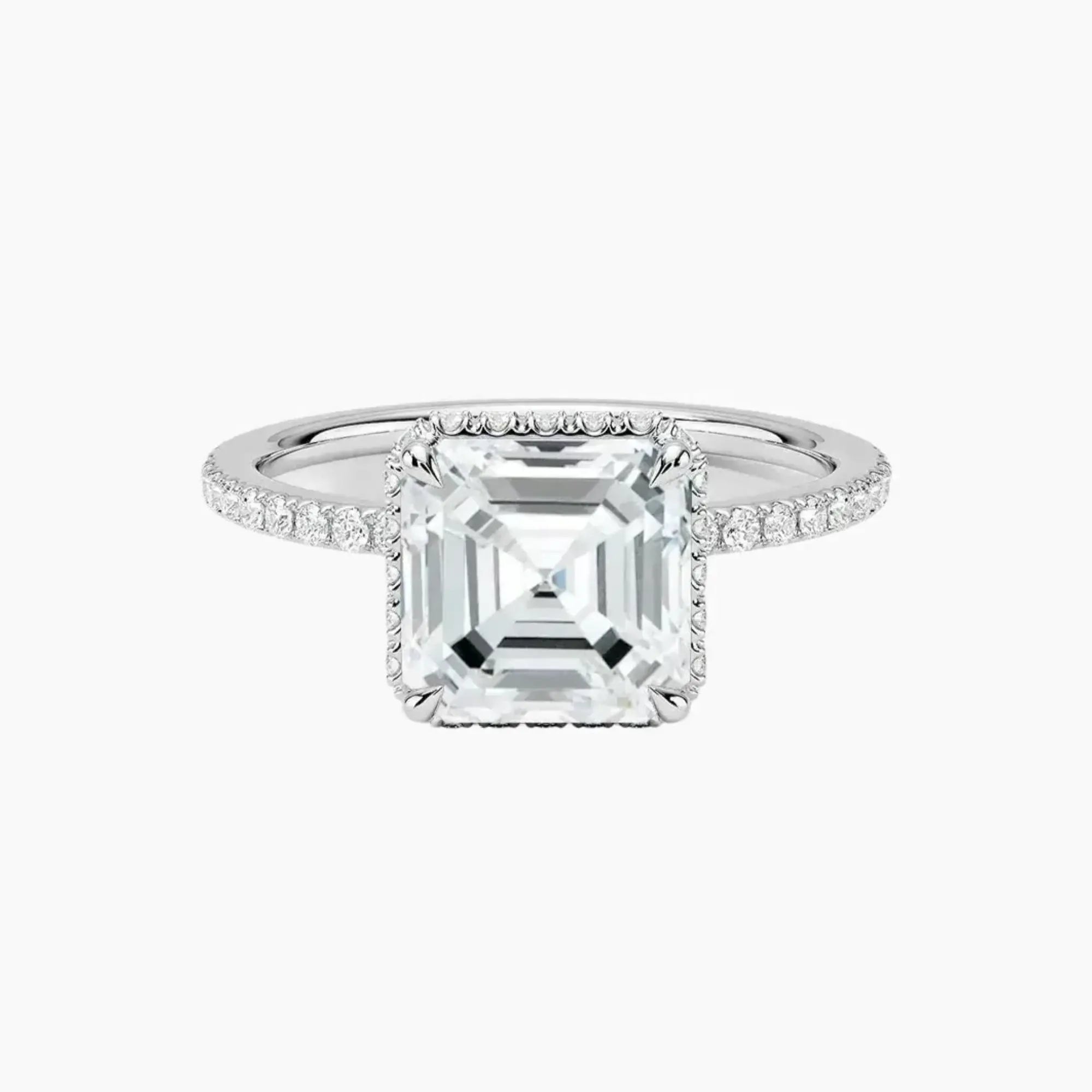 Mirabel Pave Asscher Hidden Halo 3 Carat Lab Grown Diamond Engagement Ring in 18K White Gold
