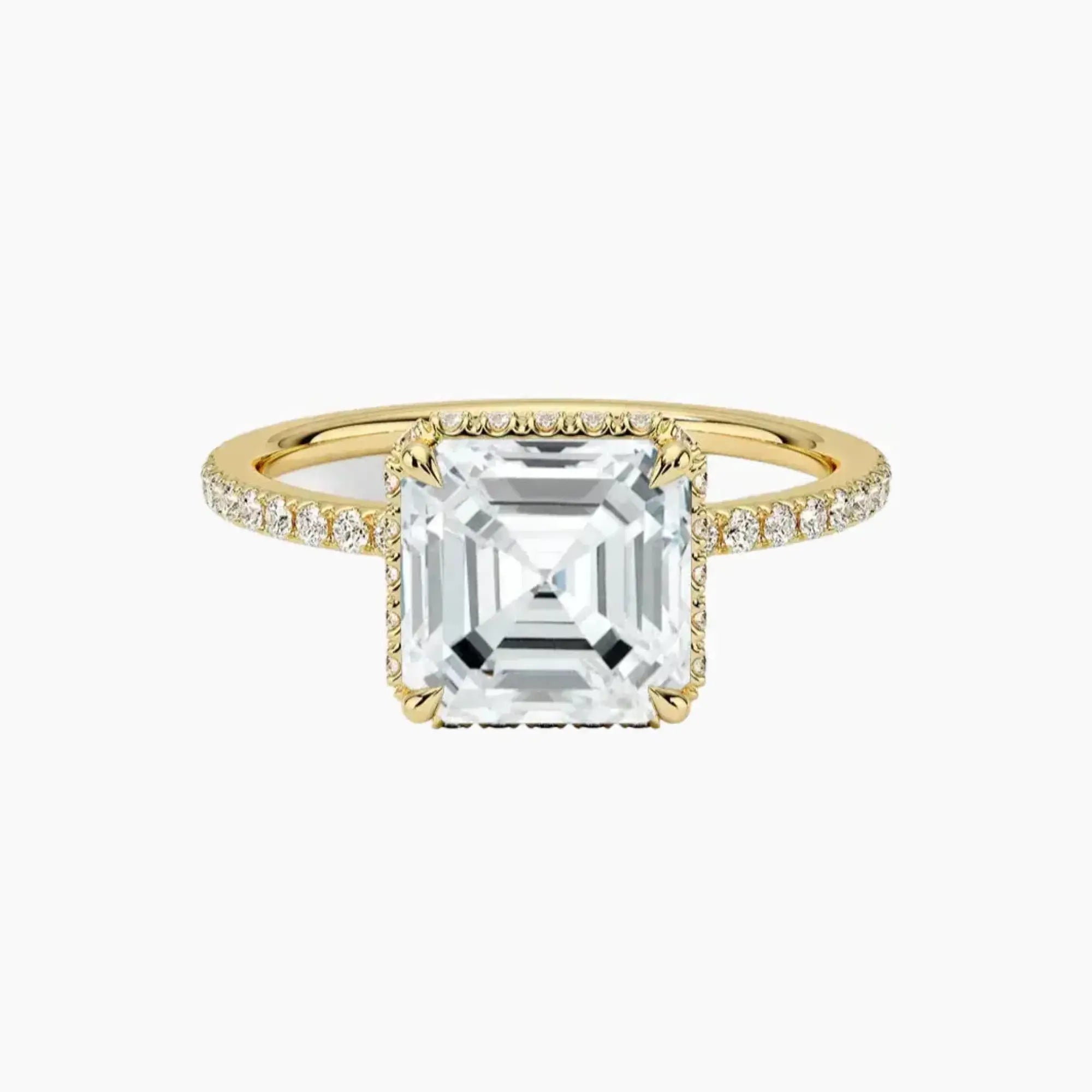 Mirabel Pave Asscher Hidden Halo 2.5 Carat Lab Grown Diamond Engagement Ring in 18K Yellow Gold
