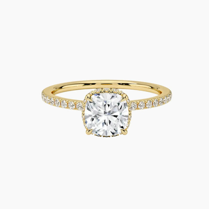 Mirabel Pave Cushion Hidden Halo 1.5 Carat Lab Grown Diamond Engagement Ring in 18K Yellow Gold