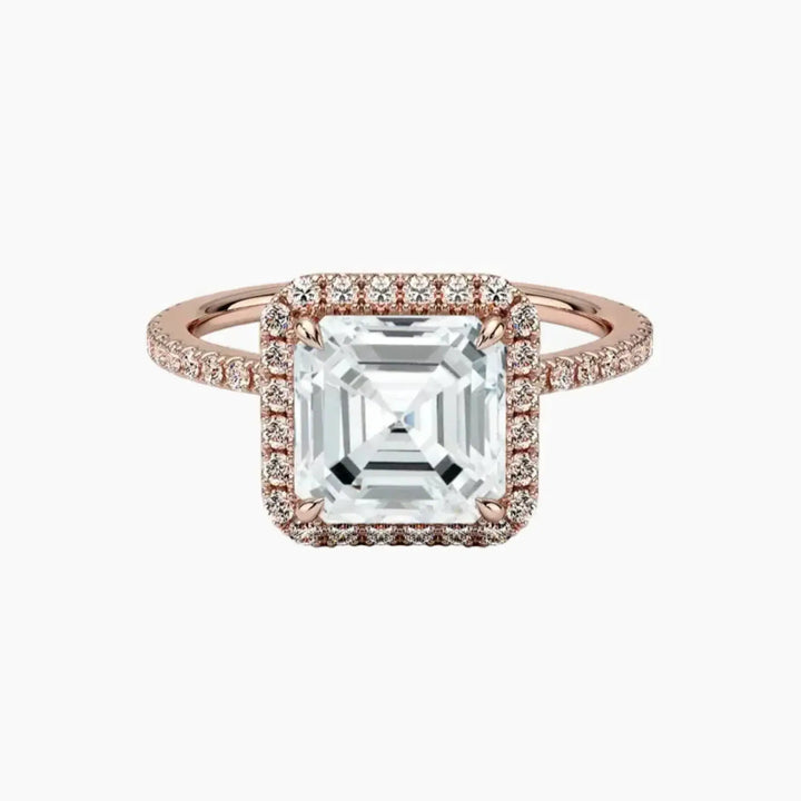 Cassiopeia Pave Asscher Hidden Halo 3 Carat Lab Grown Diamond Engagement Ring in 14K Rose Gold