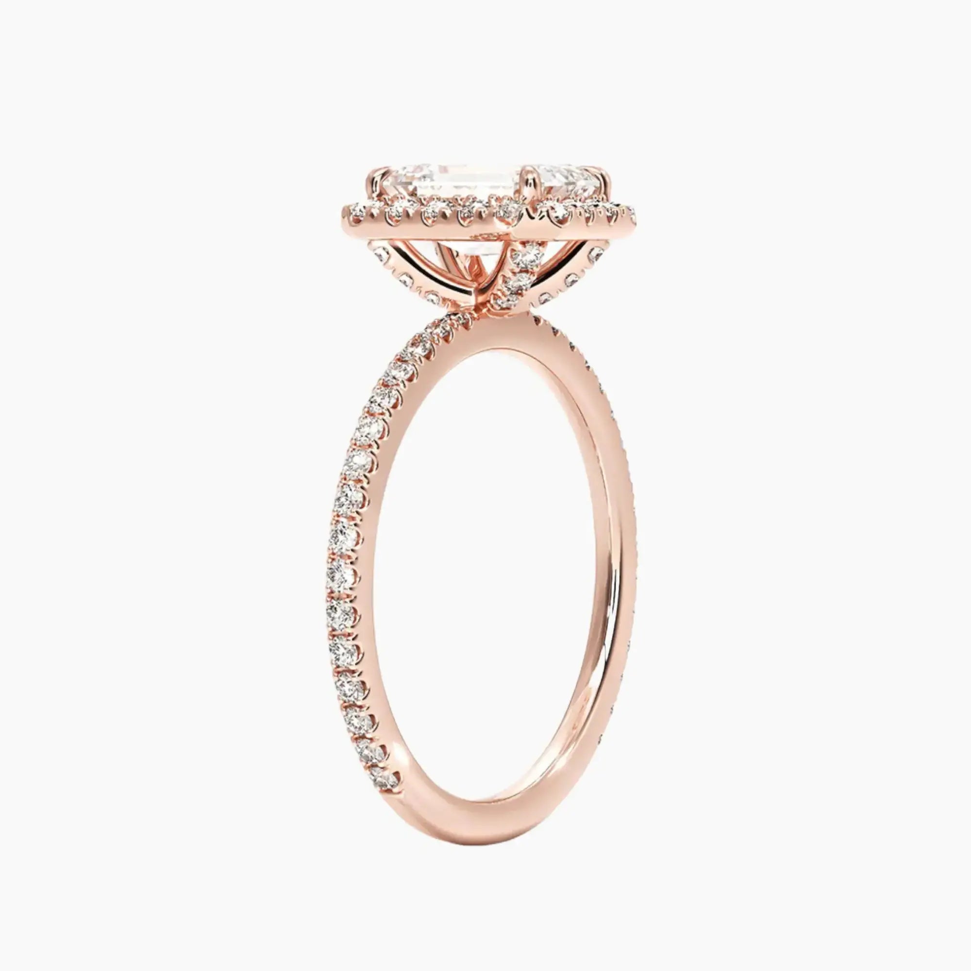 Cassiopeia Pave Emerald Hidden Halo 1.5 Carat Lab Grown Diamond Engagement Ring in 18K Rose Gold