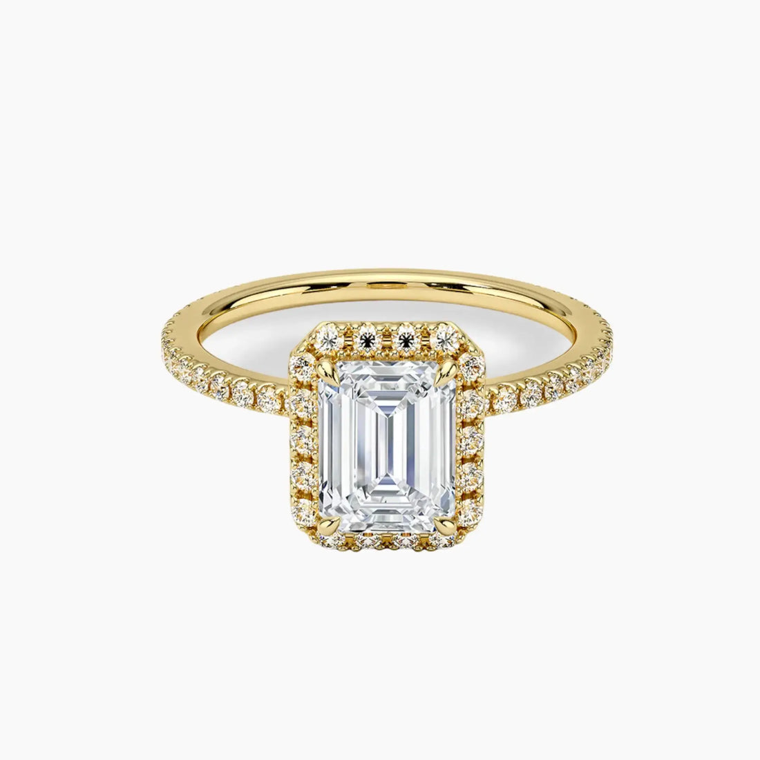 Cassiopeia Pave Emerald Hidden Halo 2.5 Carat Lab Grown Diamond Engagement Ring in 18K Yellow Gold