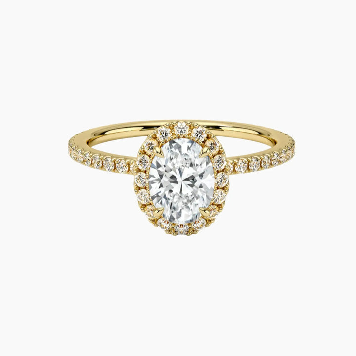 Cassiopeia Pave Oval Hidden Halo 3 Carat Lab Grown Diamond Engagement Ring in 18K Yellow Gold