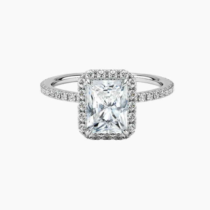 Cassiopeia Pave Radiant Hidden Halo 1.5 Carat Lab Grown Diamond Engagement Ring in 18K White Gold