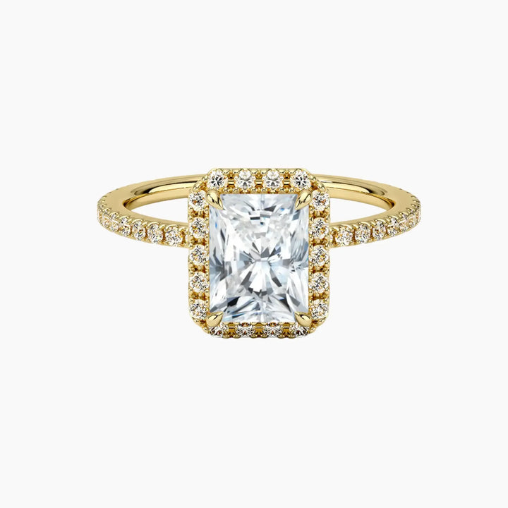 Cassiopeia Pave Radiant Hidden Halo 3 Carat Lab Grown Diamond Engagement Ring in 18K Yellow Gold