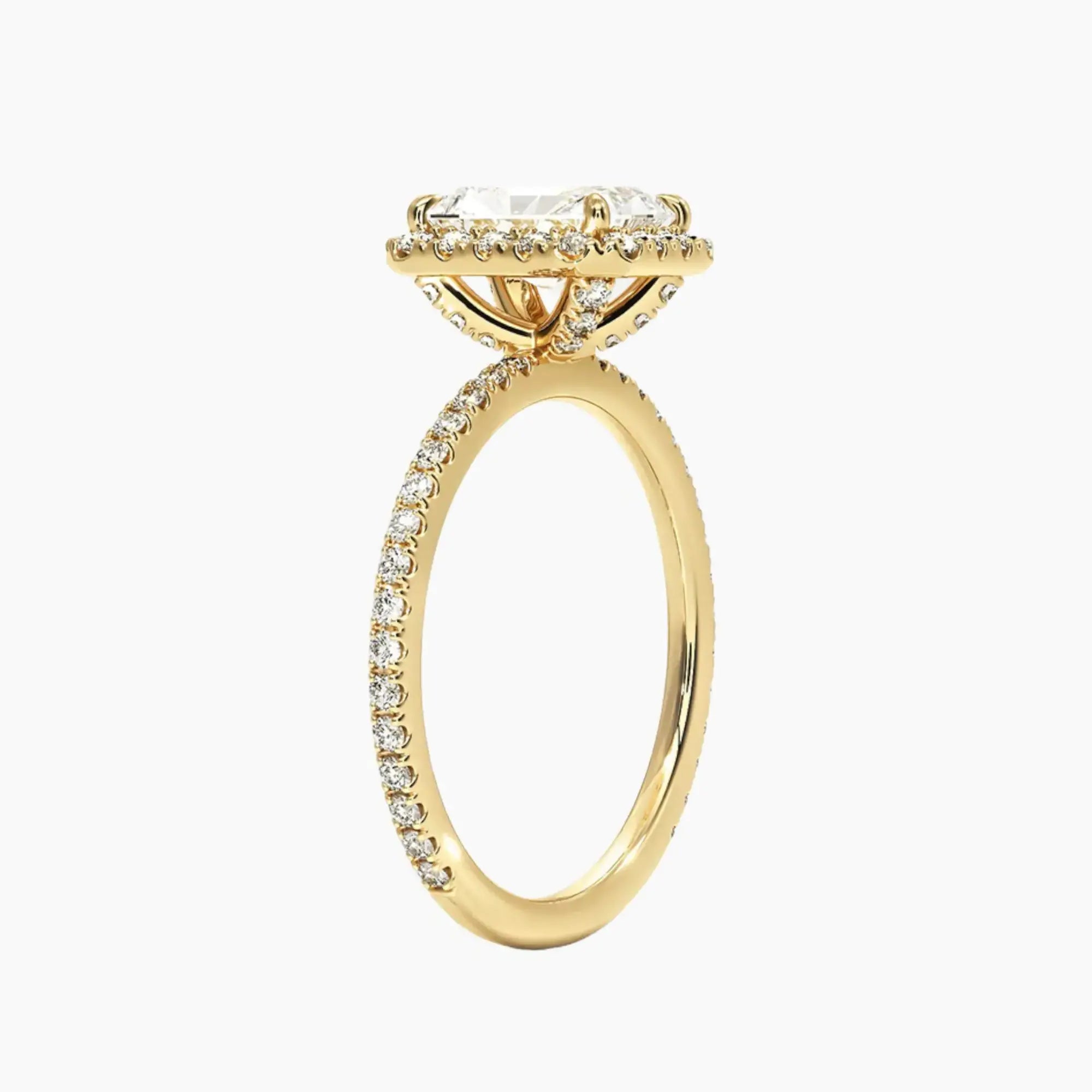 Cassiopeia Pave Radiant Hidden Halo 3 Carat Lab Grown Diamond Engagement Ring in 18K Yellow Gold