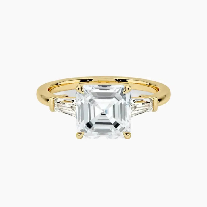 Nyx Asscher Three Stone 3 Carat Lab Grown Diamond Engagement Ring in 18K Yellow Gold
