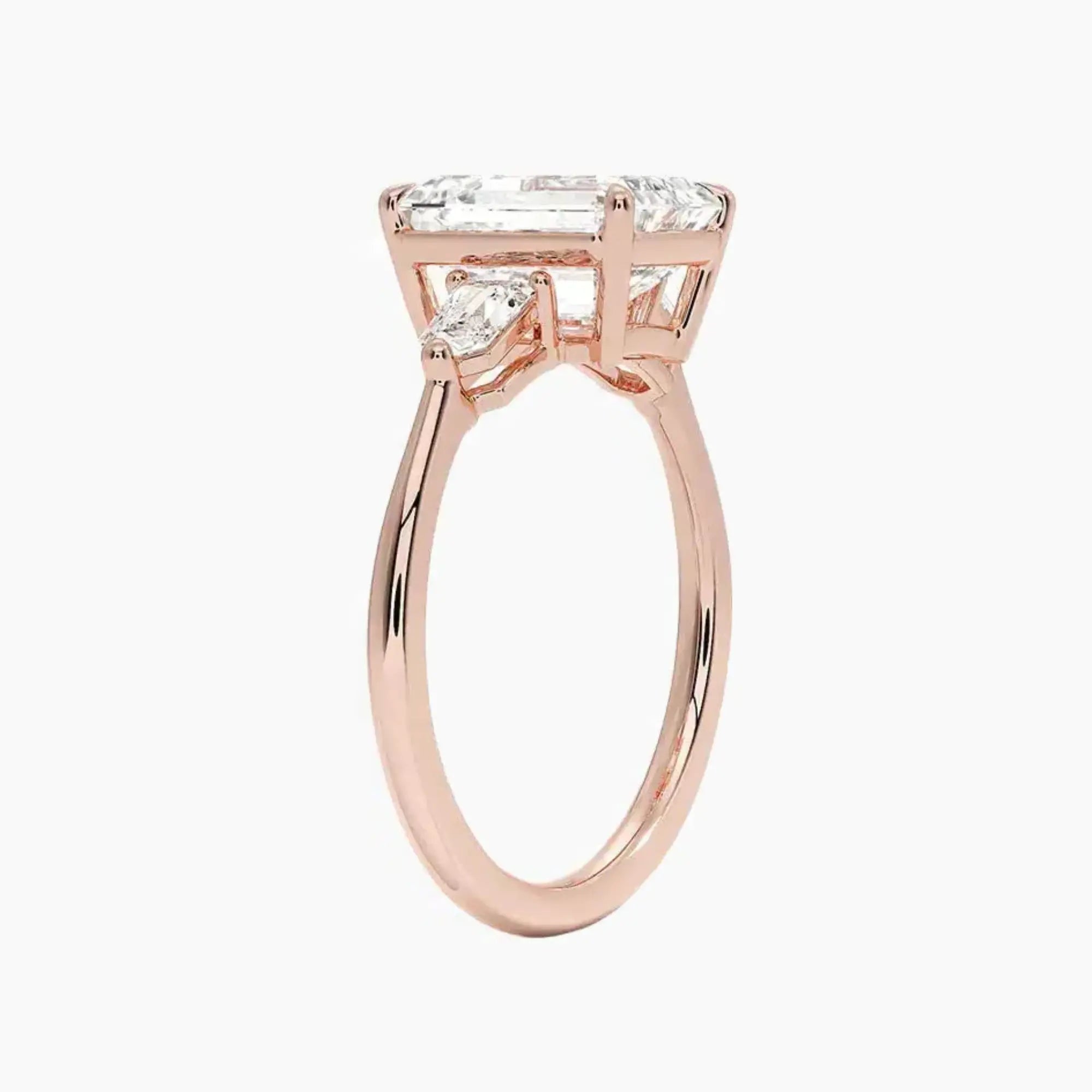 Thalassa Emerald Three Stone 2.5 Carat Lab Grown Diamond Engagement Ring in 18K Rose Gold