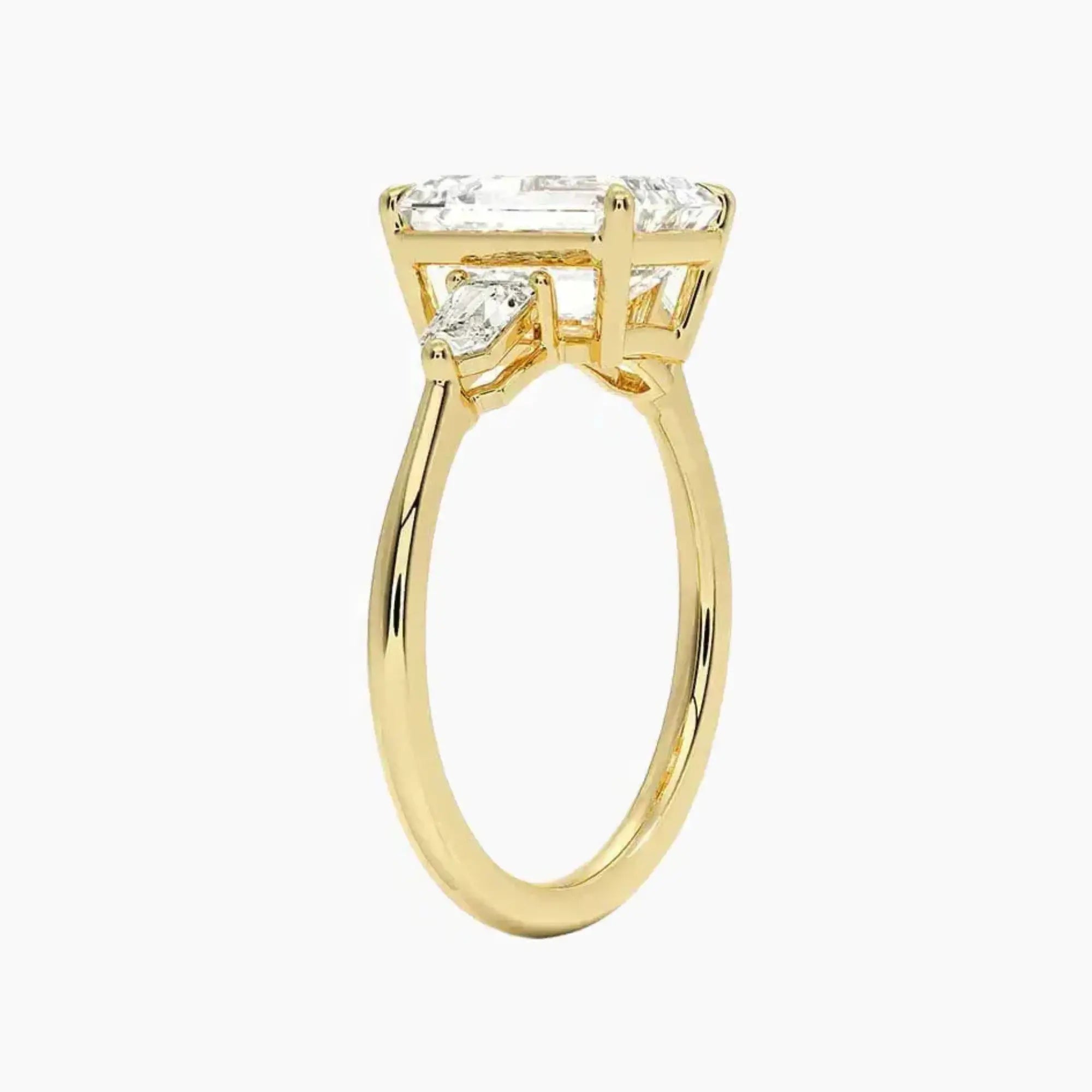 Thalassa Emerald Three Stone 2 Carat Lab Grown Diamond Engagement Ring in 18K Yellow Gold