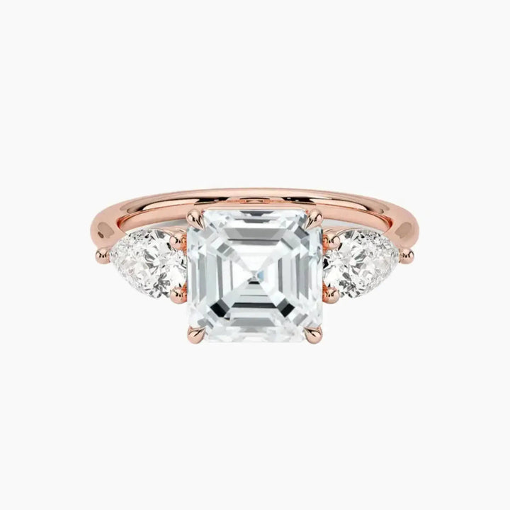 Calliope Asscher Three Stone 2.5 Carat Lab Grown Diamond Engagement Ring in 18K Rose Gold