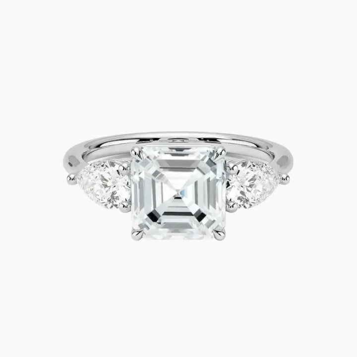Calliope Asscher Three Stone 2.5 Carat Lab Grown Diamond Engagement Ring in 18K White Gold
