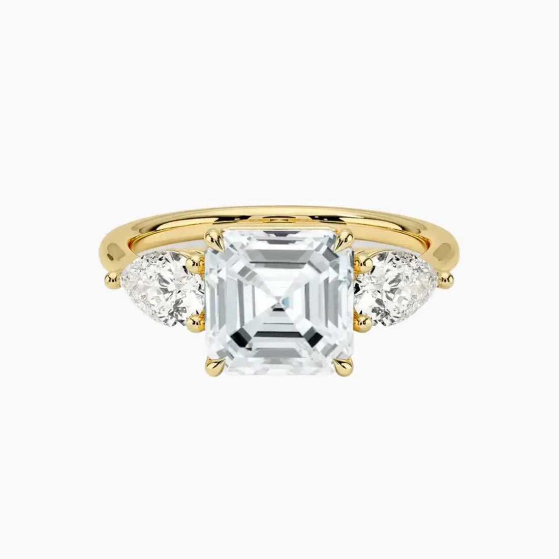 Calliope Asscher Three Stone 3 Carat Lab Grown Diamond Engagement Ring in 14K Yellow Gold