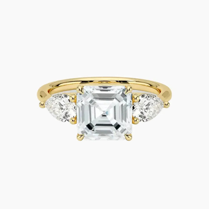 Calliope Asscher Three Stone 1 Carat Lab Grown Diamond Engagement Ring in 18K Yellow Gold