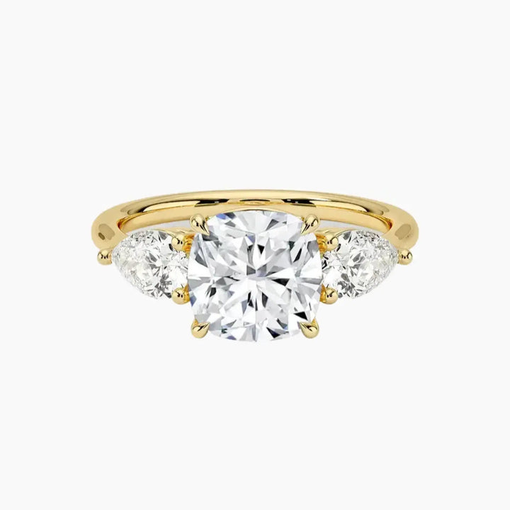 Calliope Cushion Three Stone 1.5 Carat Lab Grown Diamond Engagement Ring in 18K Yellow Gold
