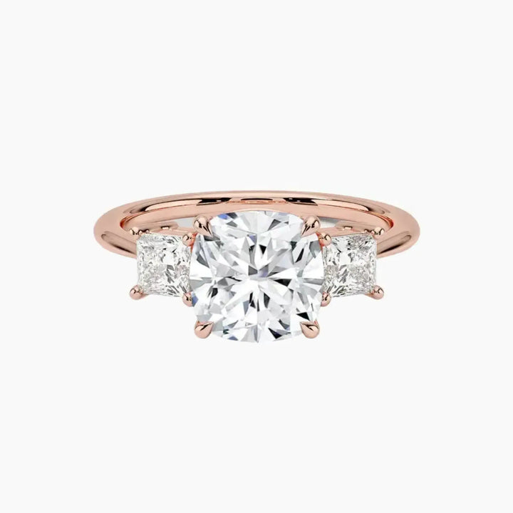 Vespera Cushion Three Stone 3 Carat Lab Grown Diamond Engagement Ring in 18K Rose Gold