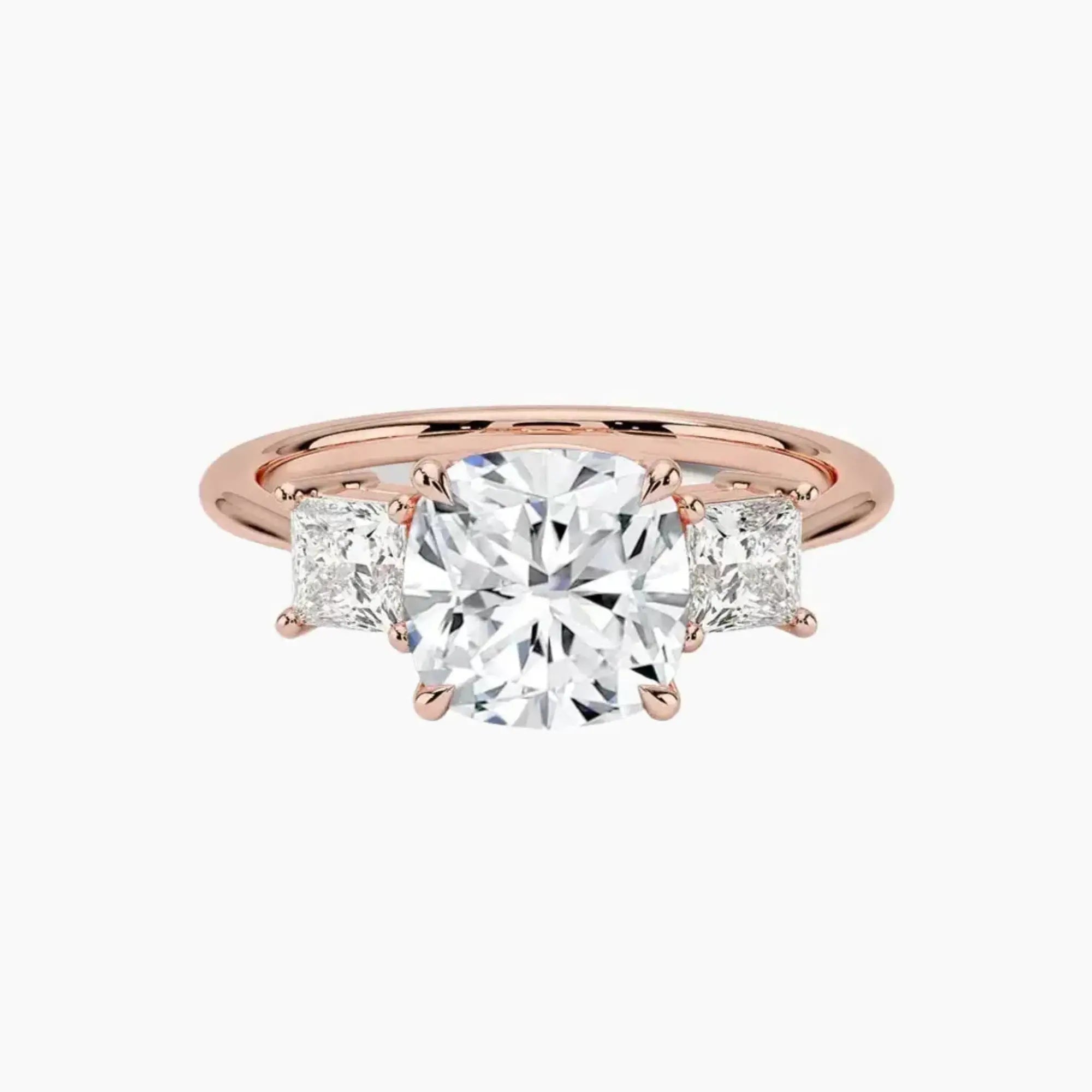 Vespera Cushion Three Stone 2.5 Carat Lab Grown Diamond Engagement Ring in 18K Yellow Gold