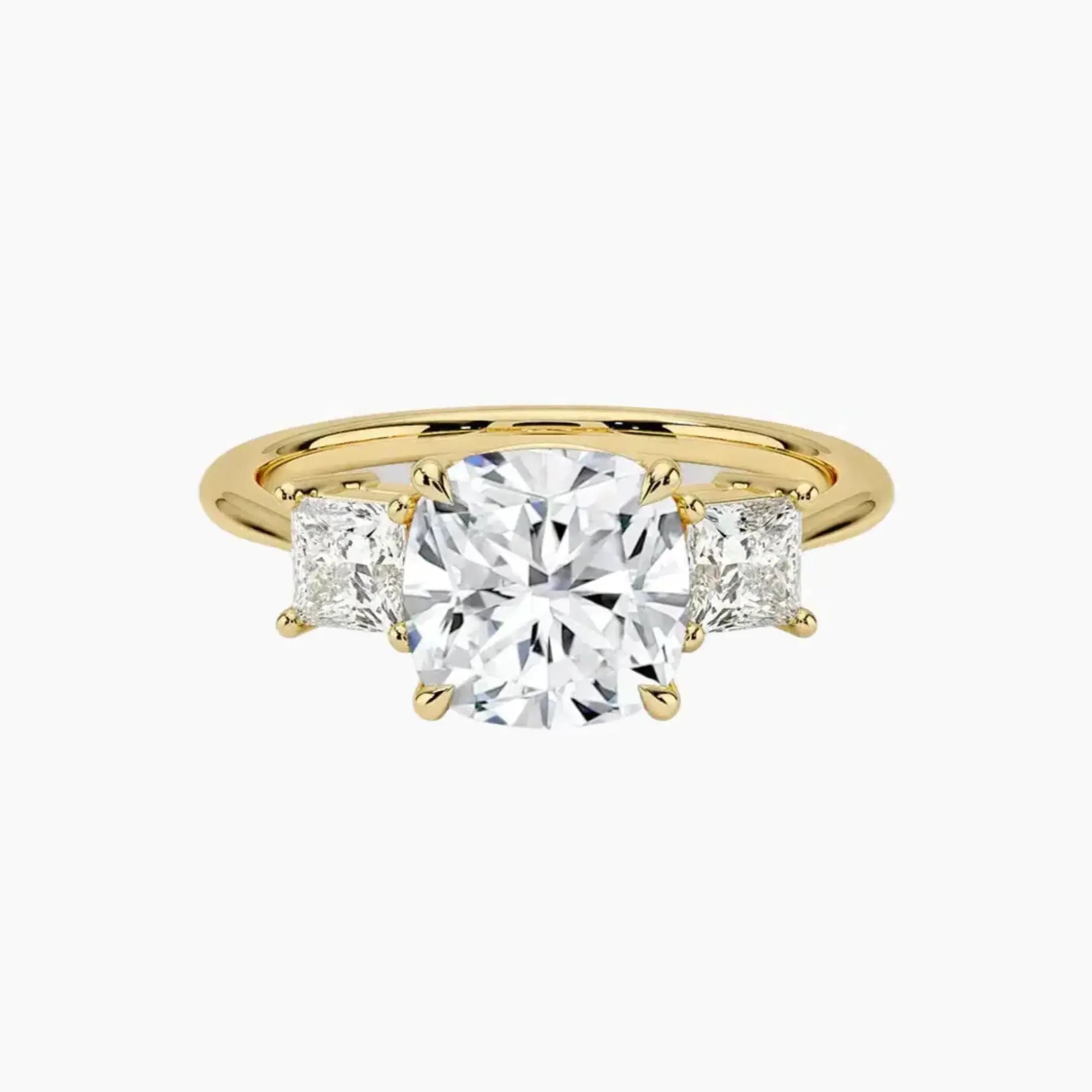 Vespera Cushion Three Stone 2.5 Carat Lab Grown Diamond Engagement Ring in 14K Yellow Gold