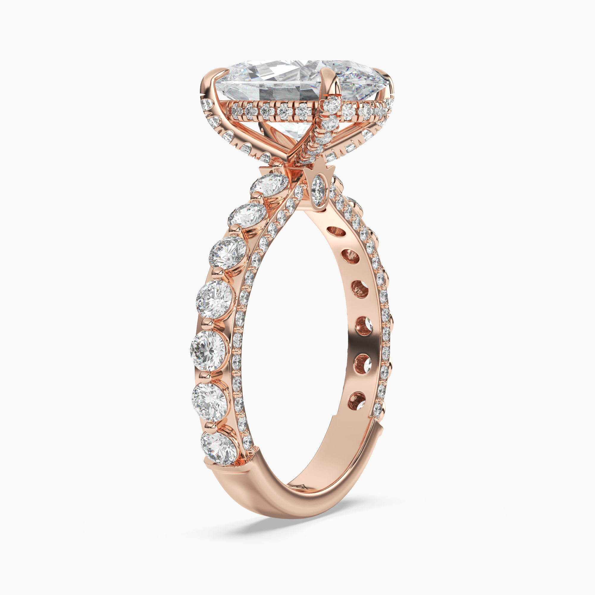 Crown Oval Hidden Halo Diamond Ring Setting in 14K Rose Gold