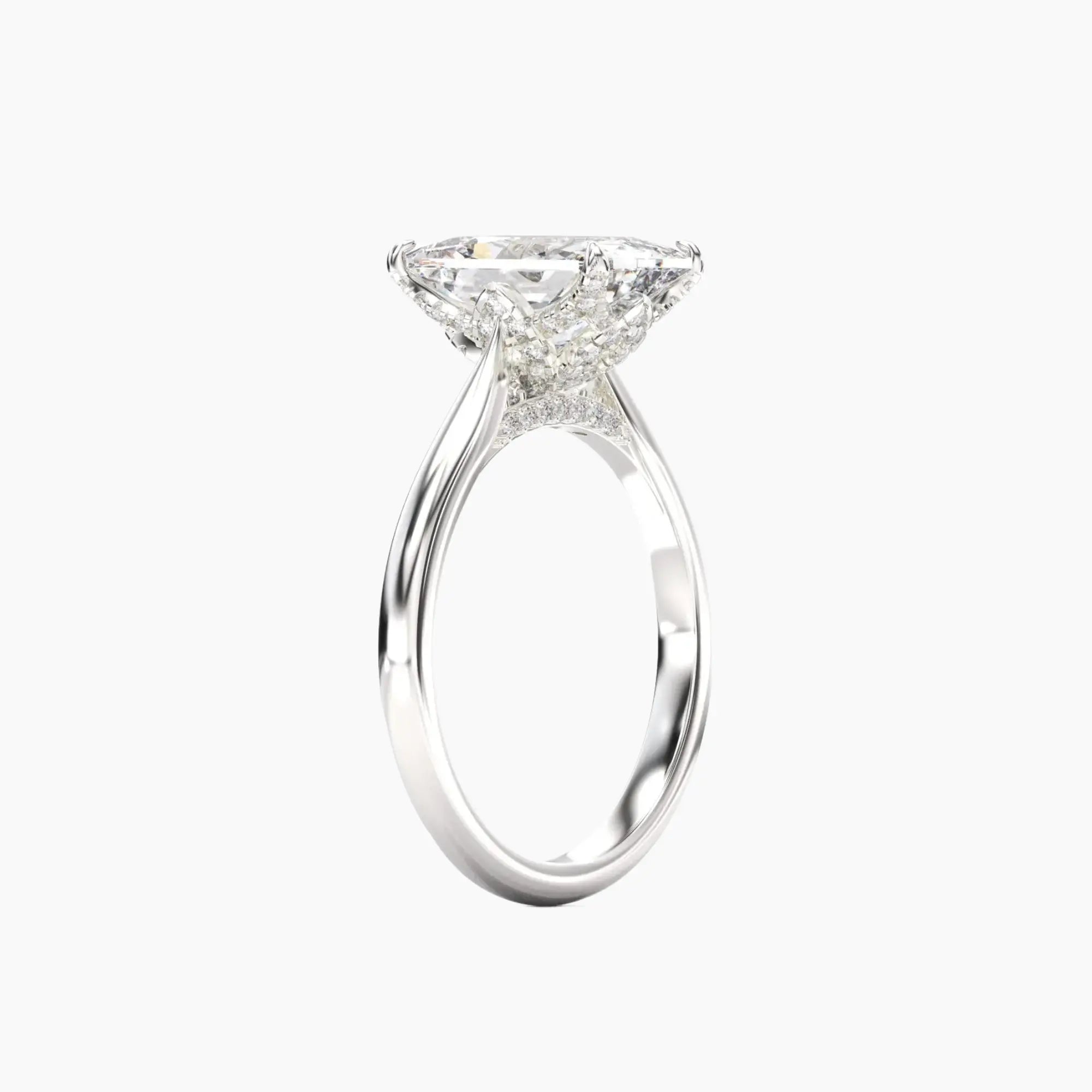 Rosette Radiant Hidden Halo Diamond Ring Setting in 14K White Gold